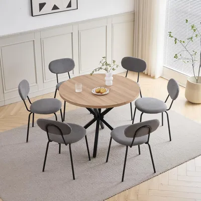 Produktbild von Esstisch Stuhl Set 6 Stühle Runder Holztisch 100 cm Stapelbar Modern Hell Khaki Dunkelgrau