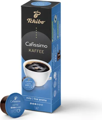 A box of Tchibo Cafissimo coffee capsules and one capsule in front of it, set against a white background.