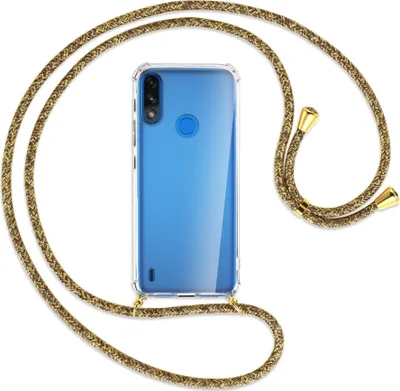 Produktbild von Handykette Backcover-Schutzhülle mit Band (Metall goldfarben) für Motorola Moto E7 Power, E7i Power - braun+beige