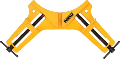 A yellow DeWALT corner clamp is shown against a white background.