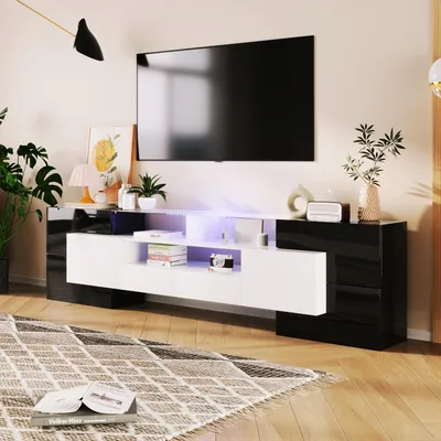 Image de MODFU Meuble TV 200 cm - Surface en Verre avec LED - Noir et Blanc