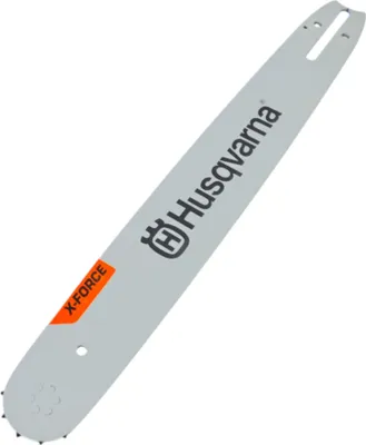A chainsaw bar with branding.