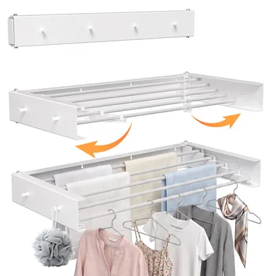 Image de Support mural pliable pour le séchage du linge Ikodm, 80 cm, séchoir mural résistant aux intempéries pour balcon, terrasse et intérieur, revêtement anti-rouille, 5 barres, capacité de charge de 25 kg, blanc