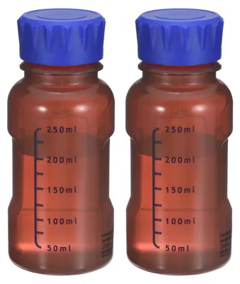 2 PP-Reagenzflaschen, 250 ml, braun, mit blauer Schraubkappe