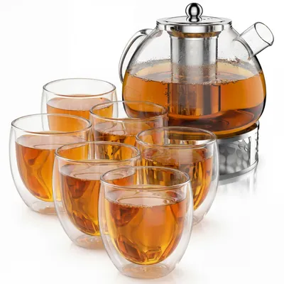 Produktbild von Arendo Teekanne 1,5 l mit Edelstahl-Stövchen, Edelstahlsieb und 6 Thermogläsern 350 ml, doppelwandige Gläser ohne Henkel, Glaskanne, 9 Teile, transparent und silberfarben