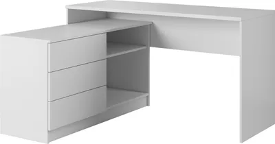 A white L-shaped desk with drawers and shelves.
