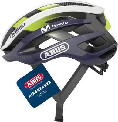 Produktbild von ABUS Rennradhelm AirBreaker - High-End Fahrradhelm für den professionellen Radsport - für Jugendliche und Erwachsene - Helm für Damen und Herren - Weiß/Blau (Movistar Team 24), Größe S (51-55 cm)