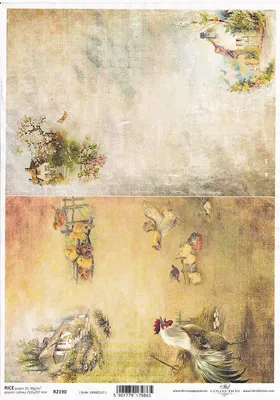 Image de ITD Papier de riz Decoupage Papier de bricolage Soft Paper Serviettentechnik, vues rurales, coqs, poules R2190