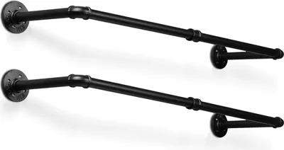 Produktbild von Jopassy 2er Set Garderobenstange Kleiderstange Garderobe Halter Kleiderständer Metall Schwarz Wand Schwerlast Wandmontage im Industrie-Design, mit 24 Haken, 92x30cm