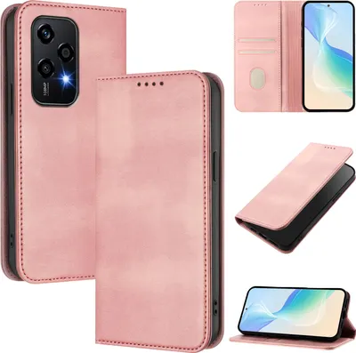 Image de Etui pour Honor 200 Lite, étui en cuir vintage avec protection RFID, fentes pour cartes, support Rose
