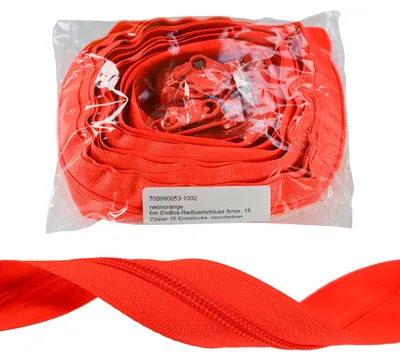 6m Endlos-Reißverschluss 5mm mit 15 Zippern und Endstücke, neonorange