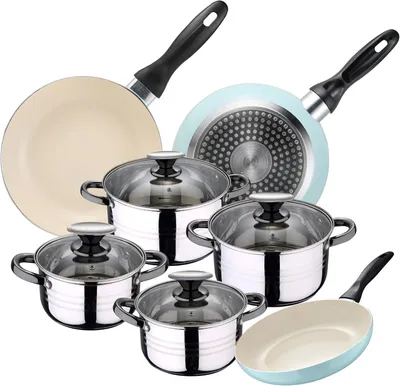 Produktbild von Edelstahl-Kochgeschirr-Set mit 4 Töpfen (1,9 l + 2,7 l + 3,5 l + 5,1 l), 4 Glasdeckeln und 3 Pfannen (Ø 16, Ø 20 und Ø 24), für Induktion geeignet