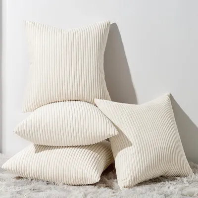 Produktbild von Set mit 4 Samtkissenbezügen, Dekokissen, Couchkissen, Sofakissenbezüge für Wohnzimmer, Schlafzimmer, Büro, 40x40 cm, Cordcreme