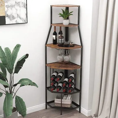 Imagen del producto de Estantería para botellas de vino de esquina, con 5 niveles y soporte para copas, de estilo industrial y vintage, ideal para la cocina y el comedor