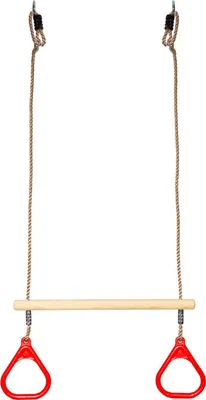 A wooden trapeze bar with red rings hanging from ropes, suspended against a white background.