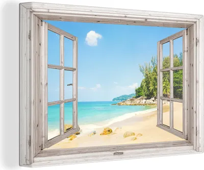 Produktbild von OneMillionCanvasses® - Leinwandbilder - 150x100 cm, Aussicht - Strand - Sand, - Geöffnetes Fenster - Fensterblick Schlafzimmer Kunstdruck Wanddekoration - Foto auf Leinwand - Gemälde auf Holzrahmen