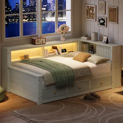 Produktbild von Merax Tagesbett aus Holz 90x200 cm, Daybett mit LED, USB, 3 Schubladen und Ablagefächern, Jugendbett für Gästezimmer, Schlafsofa, Kinderbett, Grau