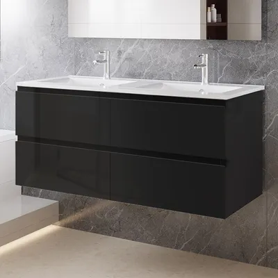 Produktbild von 120 cm Badmöbel-Set Unterschrank mit dünn Keramik waschtisch 2 Schubladen soft-close Hochglanz Schwarz Selbstmontierter