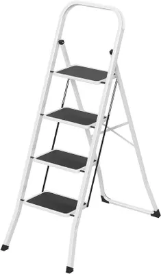 Productafbeelding van Trapladder 4 treden - Klapladder vouwbaar - Huishoudelijk werk - Antislip brede treden - 150 kg belastbaar - Wit