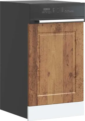 A side-view of a dishwasher with a wood-grain panel and a black top section displaying controls.