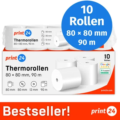 Immagine prodotto di NUOVO: Rulli termici/rulli per cassa print24, 10 pezzi, 80mm x 80mm x 12mm, 90m, vincitore di test, PEFC, senza BPA, compatibili con EPSON, IBM e altri modelli