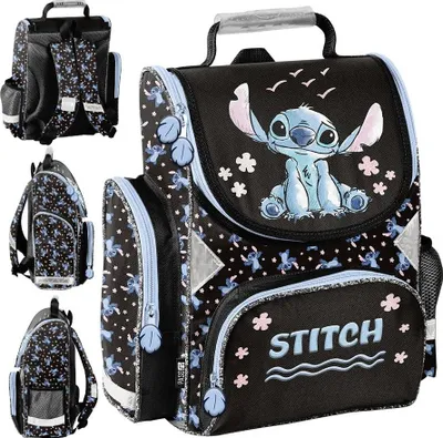 A collage of a black backpack with a Stitch theme, showing different angles and a close-up of the design.