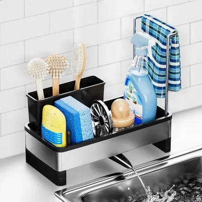 Produktbild von Spülbecken Organizer, Küchen Organizer, Schwammhalter Spülbecken Aufbewahrung, Abtropfgestell für Putzmittel, Küchenorganizer mit Abflussrohr