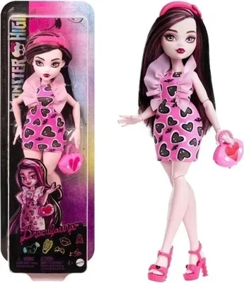 A Monster High Draculaura doll in its packaging, with a separate image of the doll outside the packaging.