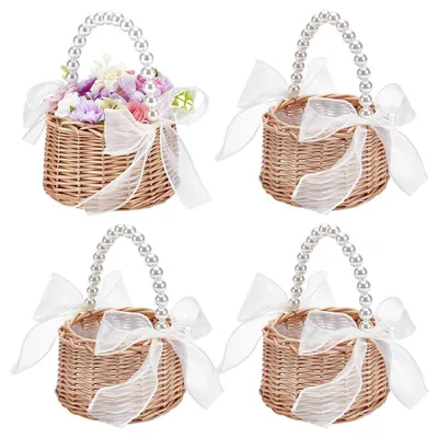 6 Rattan-Blumenkörbchen mit Perlenhenkel, geflochten, 13,5x18,5 cm