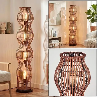 Immagine prodotto di Lampada da terra Cardeira, lampada da pavimento in stile scandinavo, design bohémien con paralume in rattan naturale, effetto luce, attacco E27, altezza 110 cm, interruttore a pedale - ideale per soggiorno, camera da letto, sala da pranzo, ingresso