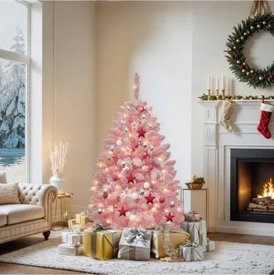Produktbild von 1,37 m hoher, rosa beflockter Weihnachtsbaum, beleuchtet, rosa Fichte mit 400 beflockten PVC-Spitzen und 200 warmweißen Lichtern zur Dekoration Ihres