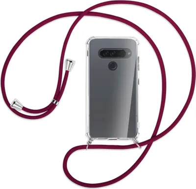 Produktbild von Handykette Backcover-Schutzhülle mit Band (Metall silberfarben) für LG G8S ThinQ - dunkelrot