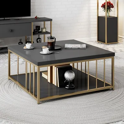 Produktbild von skye-decor Zenn Couchtisch, Anthrazit Gold, B 90 x T 90 x H 40 cm, mit Stauraum, melaminbeschichtete Spanplatte, Metallbeine, Modern Elegant