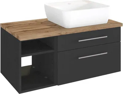 Produktbild von Waschtisch-Unterschrank 90 cm mit Siphonausschnitt Rechts inkl. Keramik Aufsatzwaschbecken & Regal TAREE-03 in matt grau