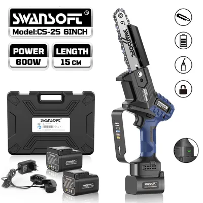 Image de Scie à chaîne électrique - 6 pouces - 600 W - Batterie 21 V - Pour le travail du bois