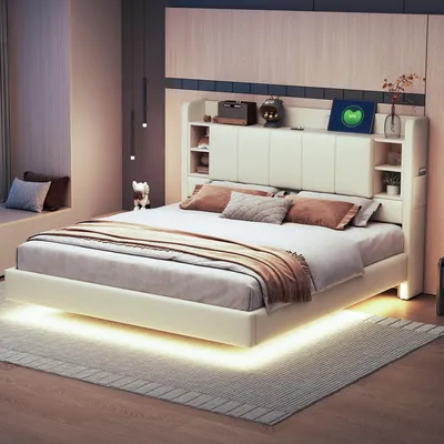 A bedroom scene featuring a bed with integrated storage and lighting.