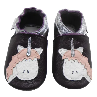 Produktbild von BEMESU® Baby Krabbelschuhe aus Echtleder, weiche Lauflernschuhe für Mädchen&Jungen, rutschfeste Ledersohle,Violett,Einhornmotiv,Größe M (6–12 Monate)