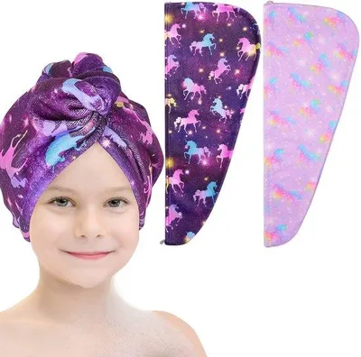 Zdjęcie produktu dla Ibenzoa® Zestaw 2 sztuk mikrofibrowych turbanów do włosów – wyjątkowo miękkie i szybko schnące, 64 x 25 cm, 100% poliester, z zawiązaniami i elastyczną pętelką, dla dzieci i dorosłych, motywy jednorożców/syren
