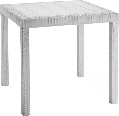 A white square table with a rattan-like texture, shown from a three-quarter angle against a white background.