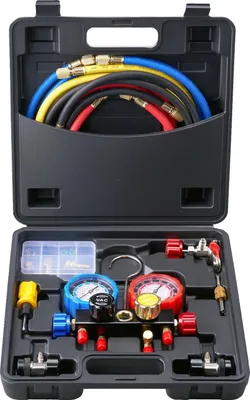 Obrázek produktu pro Sada manometrů pro klimatizaci, 5 stop hadic, kompatibilní s R134A/R22/R12/R410A, jmenovitý tlak 800 psi, mezní tlak 4000 psi, přesnost ±1,6 %