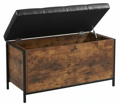 Obrázok produktu pre Lavička Relaxdays, úložný priestor, čalúnená, umelá koža, industriálny štýl, rozmery: 50x80x40 cm, lavica s úložným priestorom do predsiene, tmavohnedá/čierna