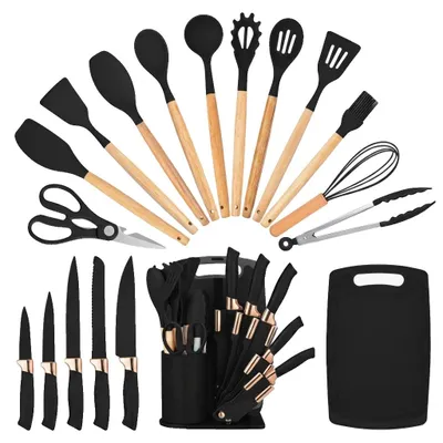 Produktbild von Küchenmesser Set, Hochkohlenstoff-Edelstahl, Silikonutensilien, schwarz