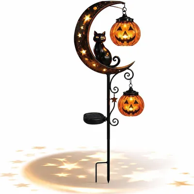 Produktbild von Halloween Solarleuchte Gartenstecker, LED Solar Gartenlampe mit Kürbis, Katze und Mond Design, wetterfeste Gartendeko für Garten Terrasse Rasen, 85 cm