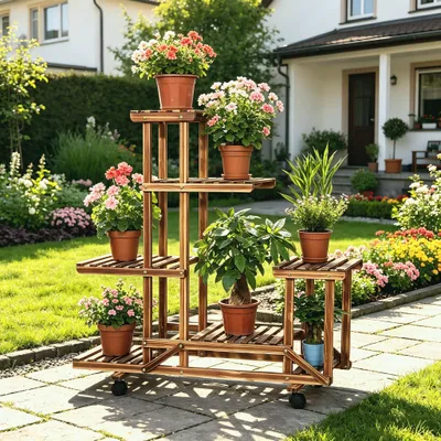 Produktbild von WISFOR Blumenregal Rollbar 95×25×102cm Blumenständer mit 6 Ebenen, Blumentreppe aus Holz, Pflanzenregal Wohzimmer Garten