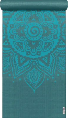 A yoga mat with a mandala pattern.