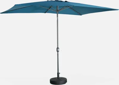 A rectangular teal patio umbrella with a gray pole and black base, set against a white background.