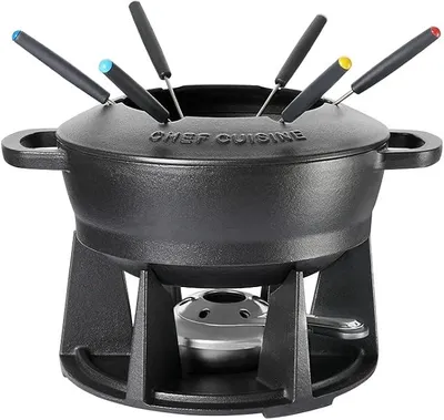 Imagen del producto de Silecomplaza, juego de fondue de hierro fundido para 6 personas, que incluye la olla para fondue y los tenedores, apto para vitrocerámica, cocina eléctrica, gas, inducción y horno, con una capacidad de aproximadamente 2,2 litros