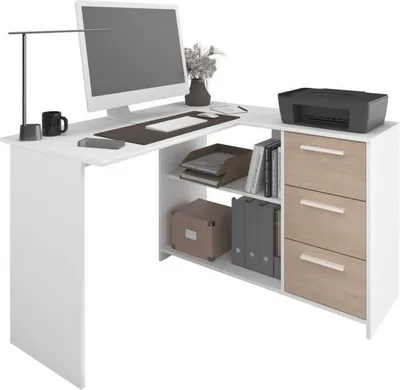 Image de Bureau d'Angle PARISOT ESSENTIEL, 3 Tiroirs,Reproduction Blanc et Chêne, 121,2 x 74,5 x 111 cm