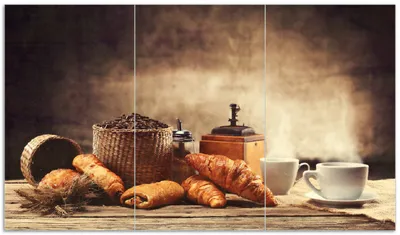 Produktbild von Wallario Herdabdeckplatte aus Glas, Größe 90 x 52 cm 3-teilig, Motiv Französisches Frühstück mit Café und Croissants