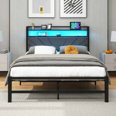 Metallbett 120x200 cm mit LED, Ladestation & Stauraum, dunkelgrau